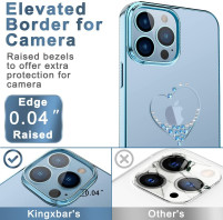 Луксозен твърд гръб оригинален KINGXBAR кристално прозрачен с камъни за Apple iPhone 13 Pro сърце със син кант 